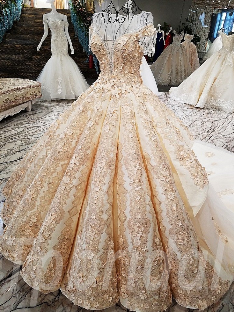 Bridal Dress Champagne Ball Gown Off The Shoulder Prom Gown • tpbridal