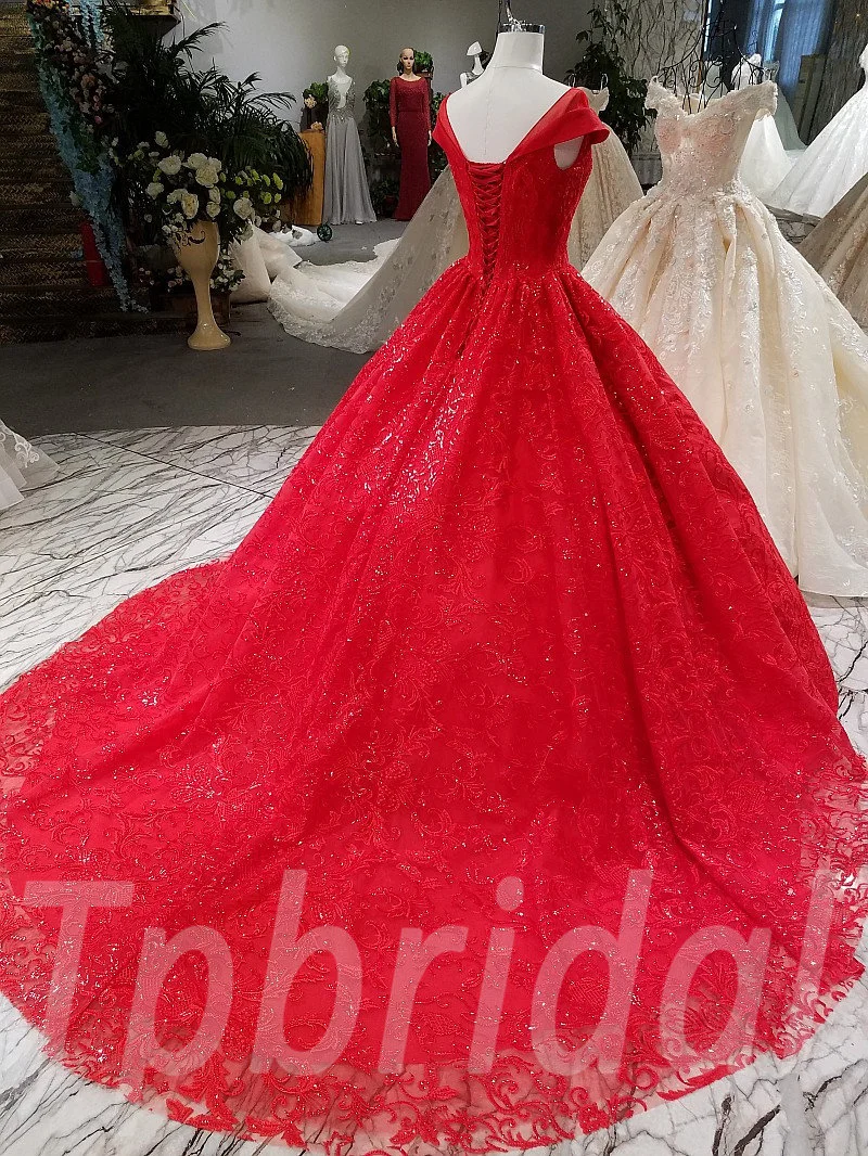 Red Wedding Dress Lace Prom Dress With Train - Image 4