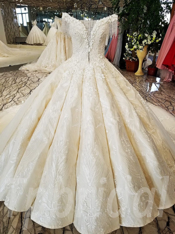 Gold Champagne Wedding Dress Long Sleeve Ball Gown With Train