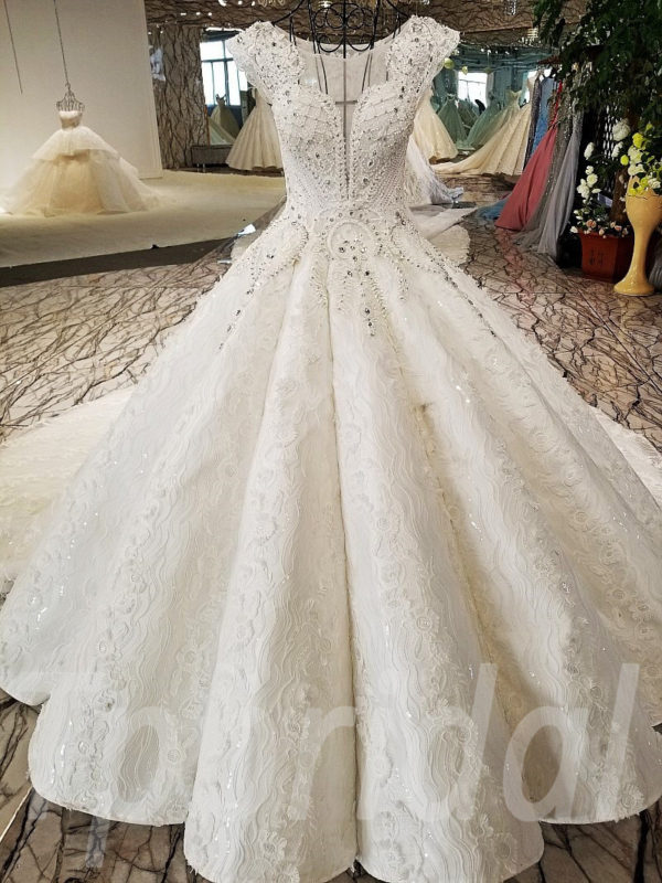 Big Ball Gown Wedding Dresses High Neck Beaded With Train
