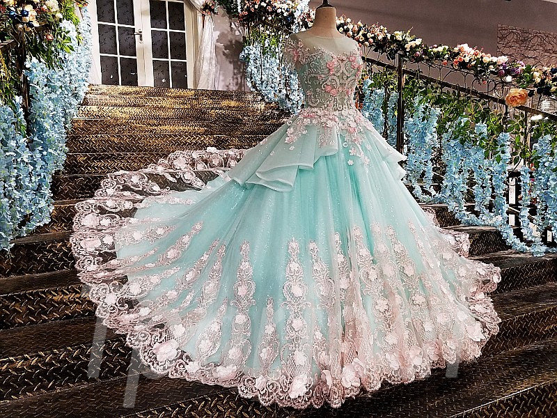 Princess Light Blue 3D Floral Lace V-Neck A-Line Long Prom Dress – Modsele