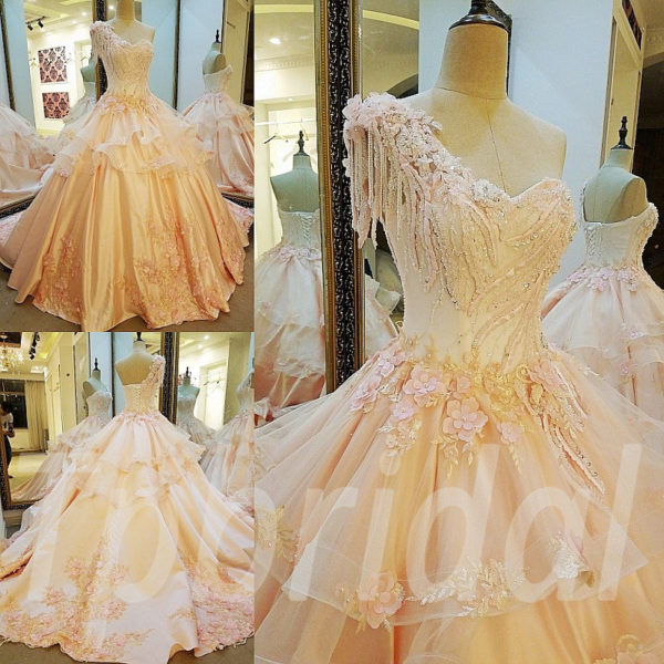 One Shoulder Prom Dress Pink Ball Gown Wedding Dress Online