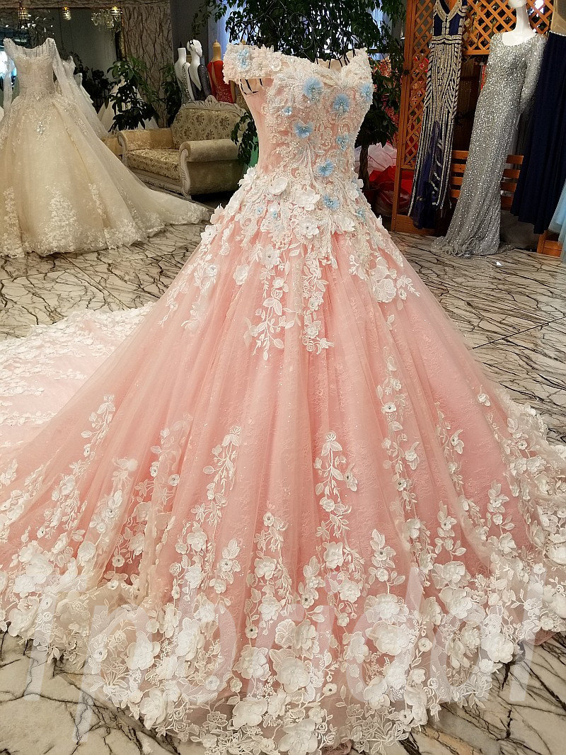 Cute Off Shoulder Lace Blush Tulle Tea Length Wedding Gown