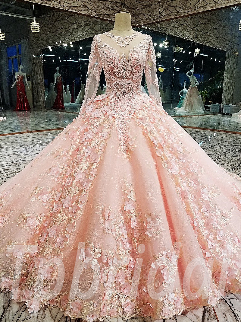 Light Sky Blue Ball Gown Long Formal Dress Pink 3D Floral Quinceanera –  SELINADRESS