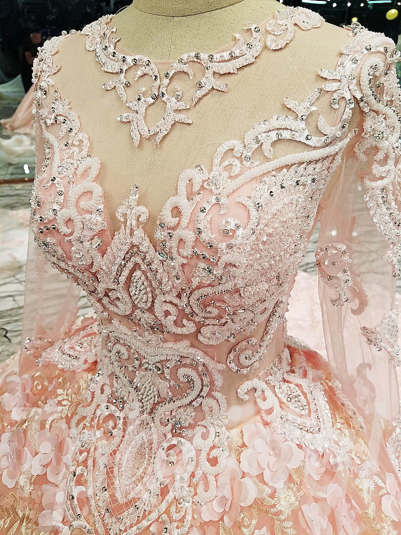 pink long sleeve wedding dress
