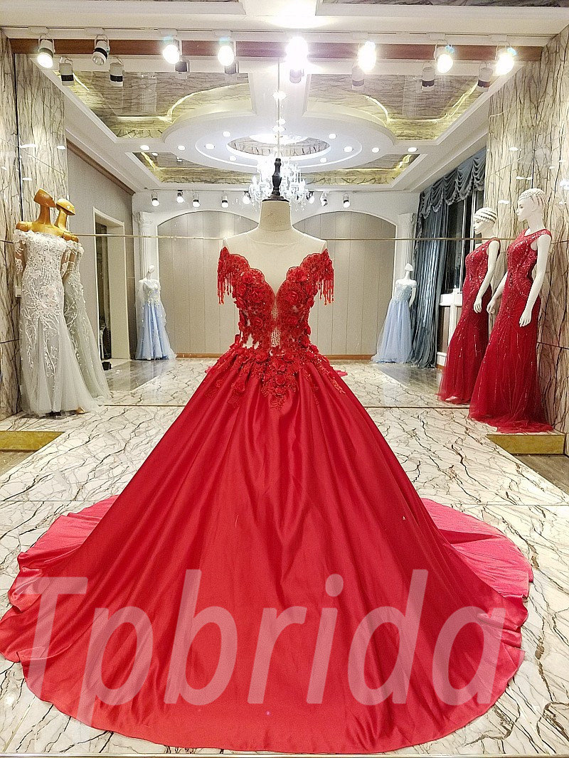 Wedding Dresses Red Ball Gown Lace Formal Prom Dress