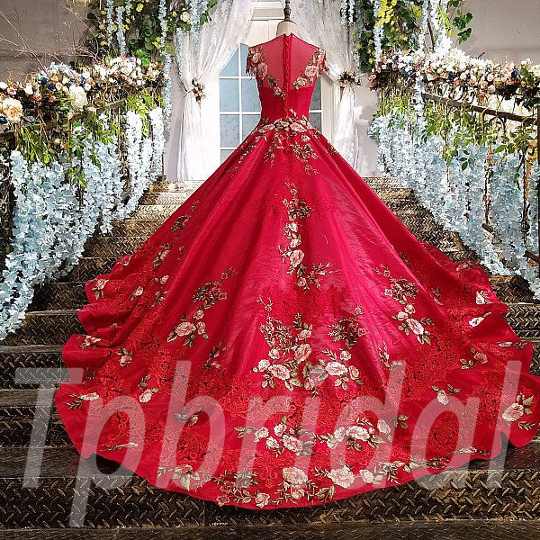 red ball gown with train