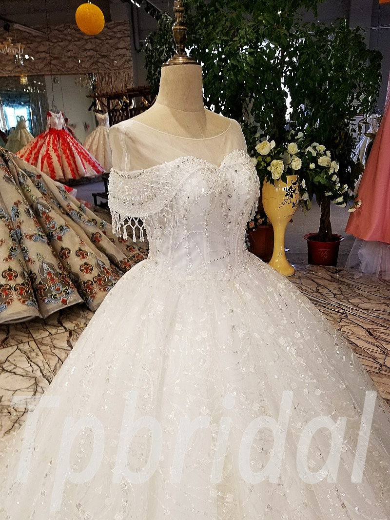 Puffy Sleeve Wedding Dress High Neck Ball Gown Beaded Lace Bridal