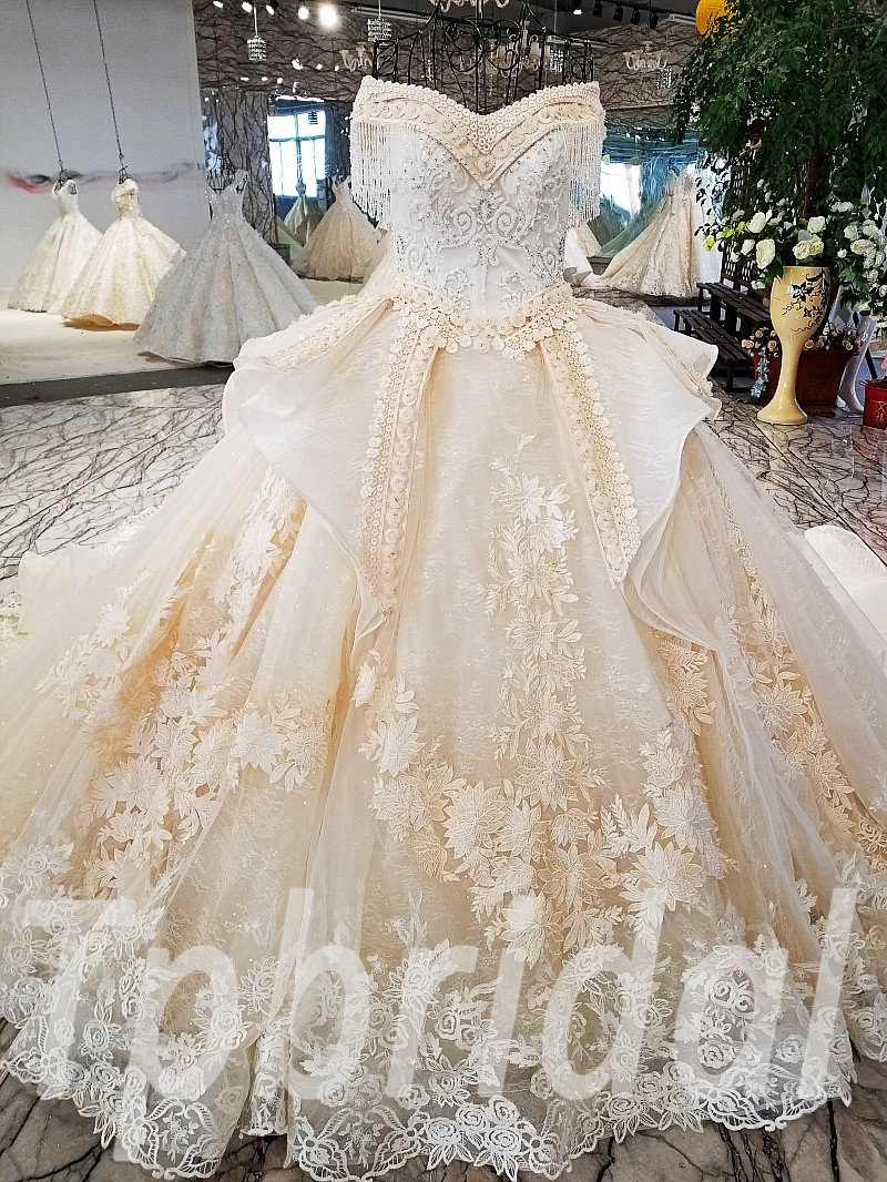 Champagne Color Wedding Dress Lace Off Shoulder Ball Gown
