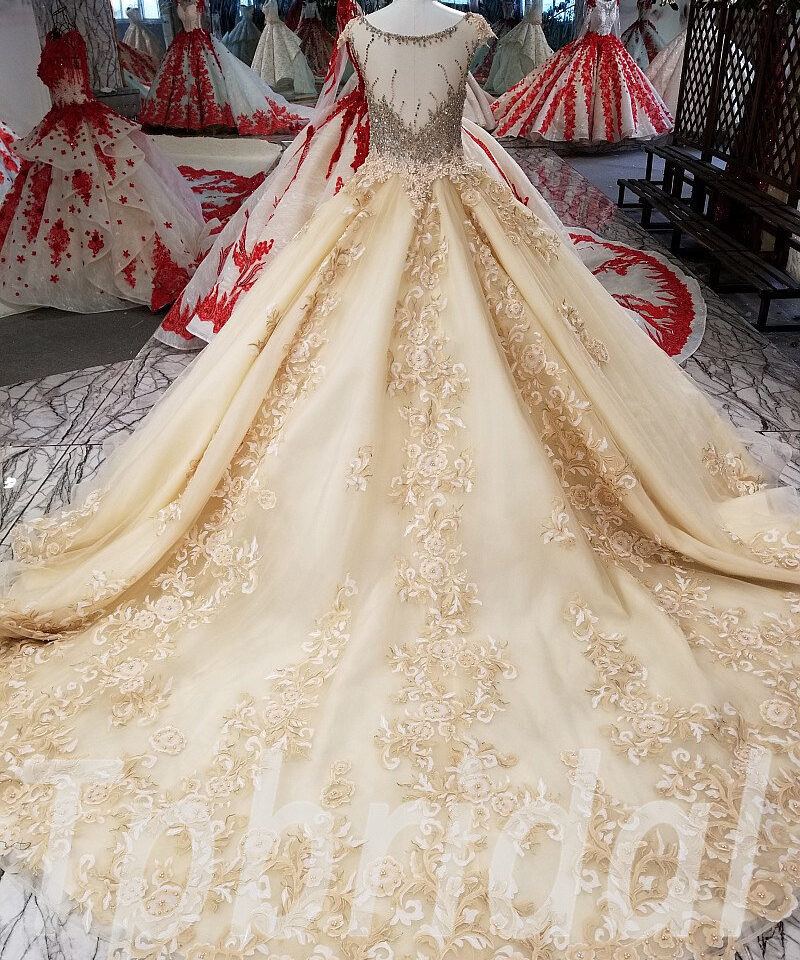 champagne wedding dress lace 205-04