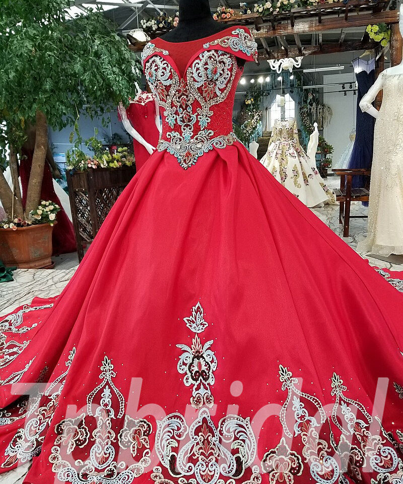 red prom dress long train 173-02