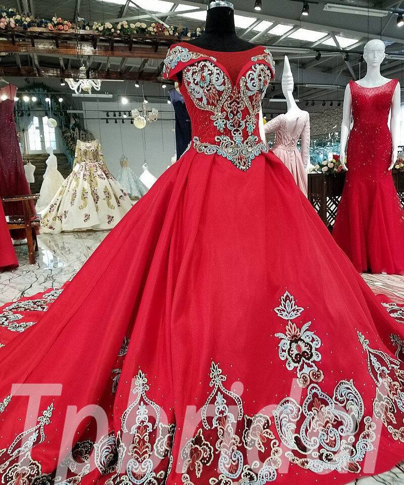 red prom dress long train 173-03