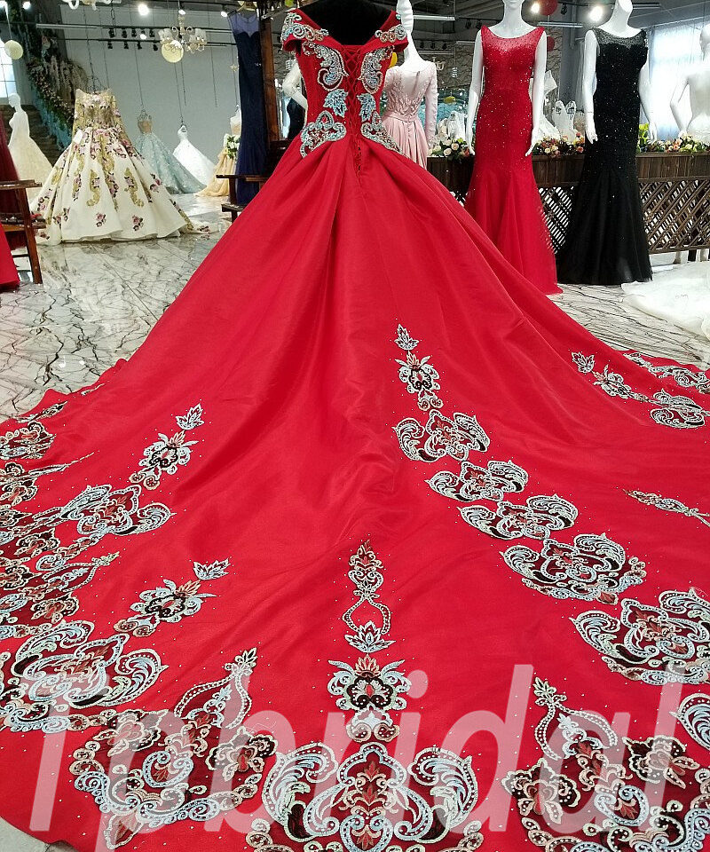 red prom dress long train 173-08