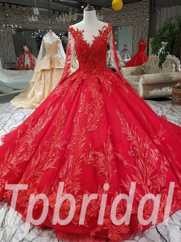 Long Sleeve Red Ball Gown Beaded Satin Wedding Dresses with Slit 22210 –  Viniodress