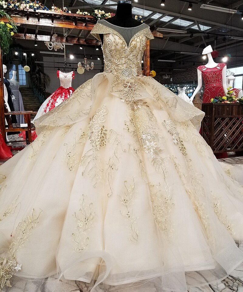 Champagne wedding dress illusion neckline 0245-02