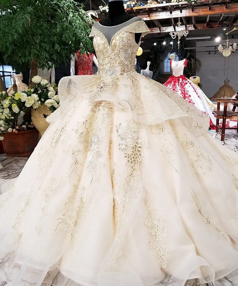 Champagne wedding dress illusion neckline 0245-06