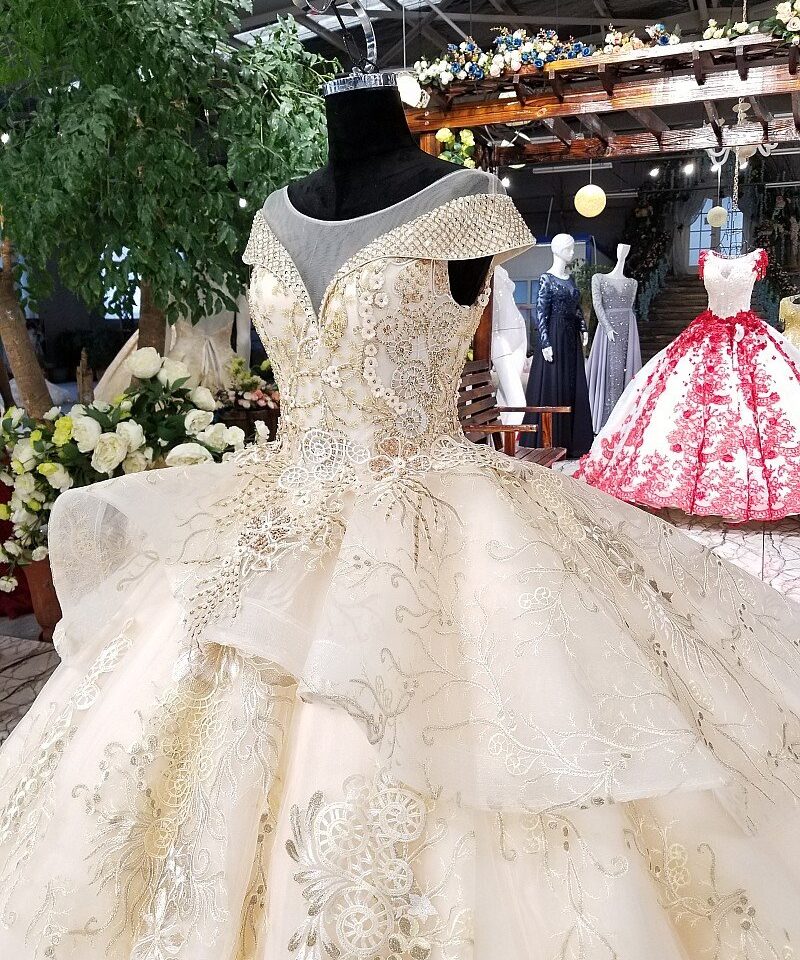 Champagne wedding dress illusion neckline 0245-08