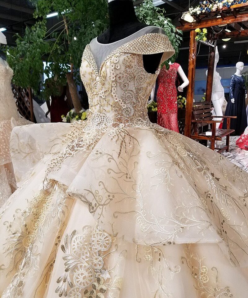 Champagne wedding dress illusion neckline 0245-10