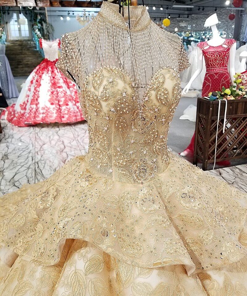 gold wedding dress high neck 0247-05