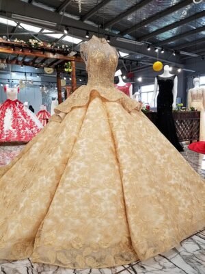 gold wedding dress high neck 0247-08