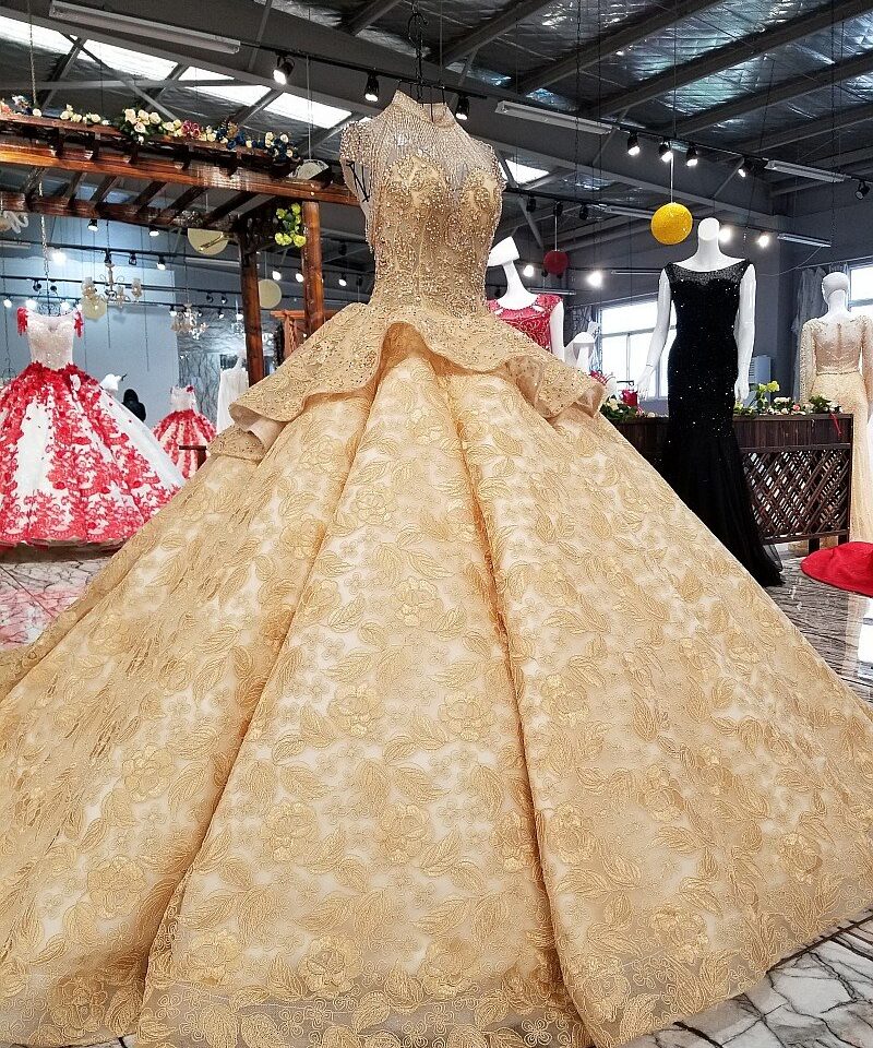 gold wedding dress high neck 0247-08