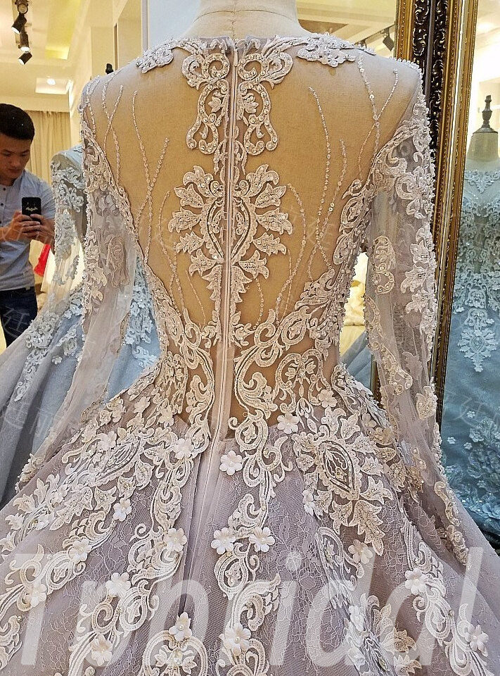 grey wedding dress long train 273-01