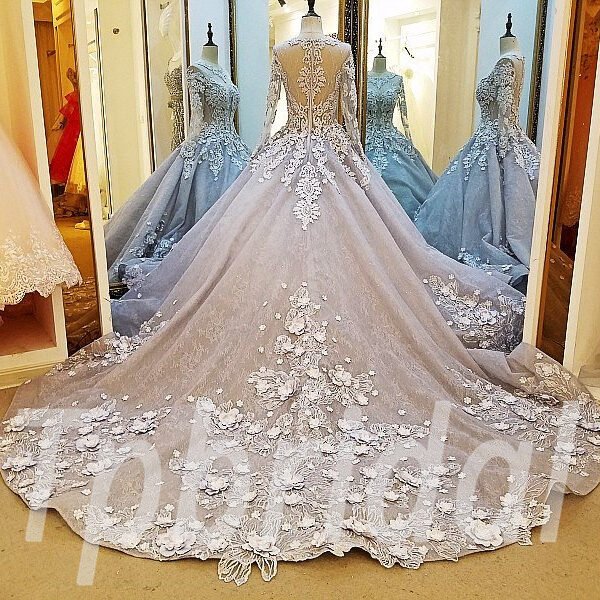 grey wedding dress long train 273-02