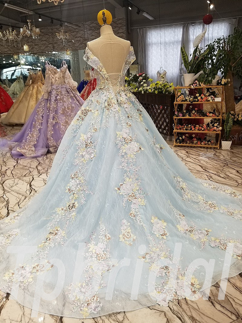 Light Blue Prom Dress Train Lace Bridal Dress Sale