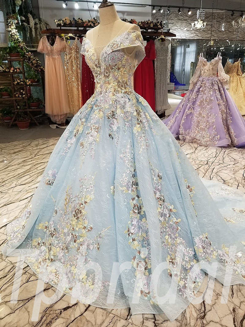 Light Blue Prom Dress Train Lace Bridal Dress Sale