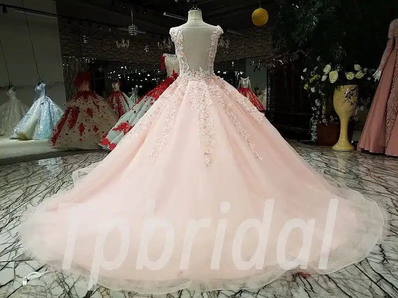 pink prom dress long train 255-03