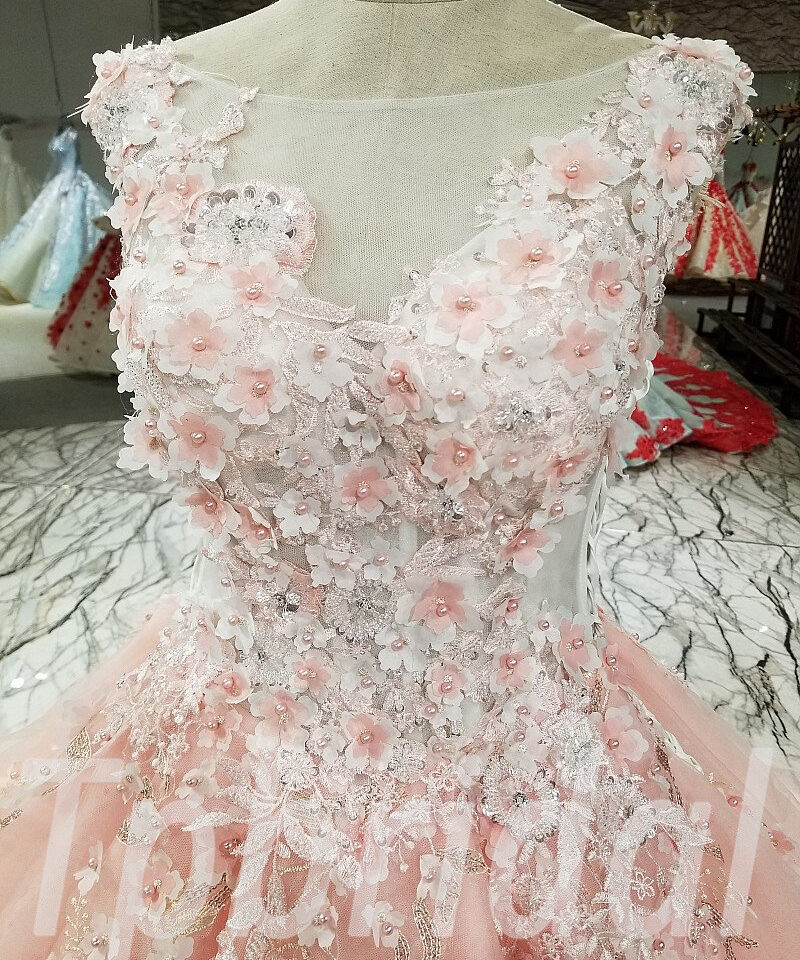 pink prom dress long train 255-03