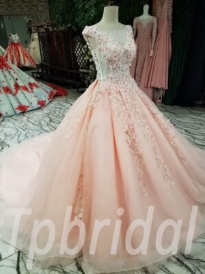 pink prom dress long train 255-06