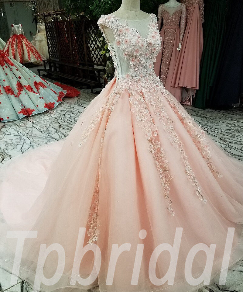 pink prom dress long train 255-06