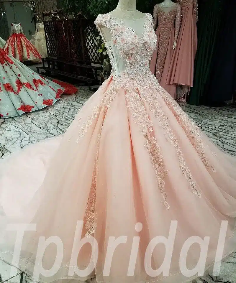 pink prom dress long train 255-06