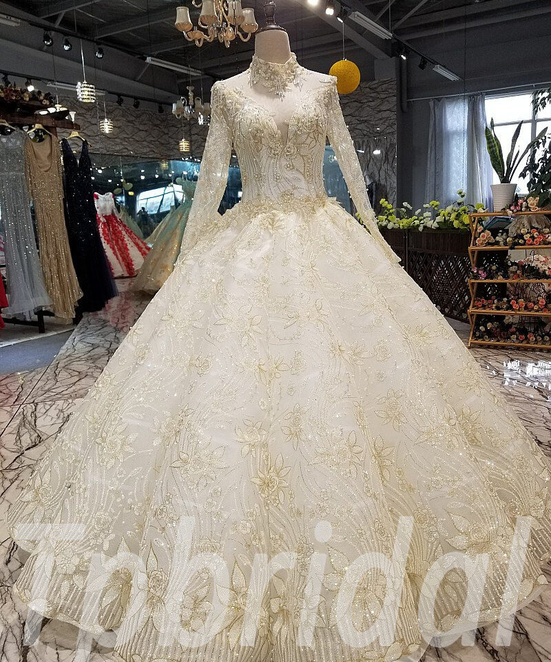 white and gold wedding dress ball gown 283-10