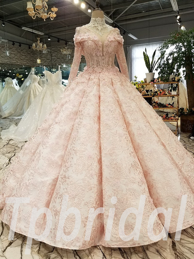 Ball Gown Bridal Dress Pink Long Sleeve Plus Size For Sale