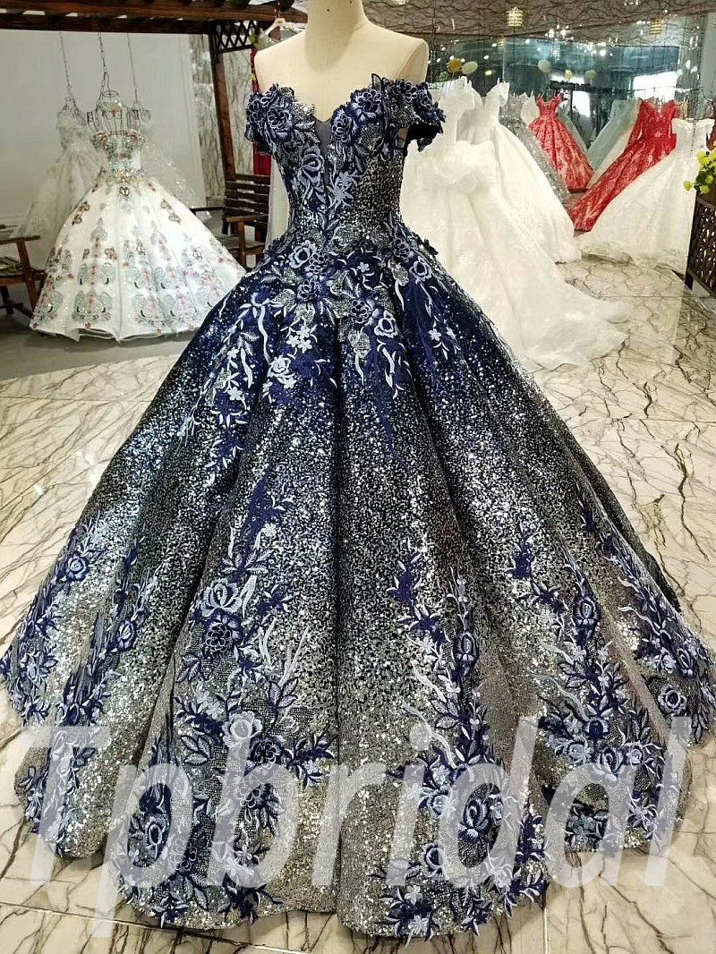 Dark Blue Prom Dress Ball Gown Off The Shoulder Party Dress