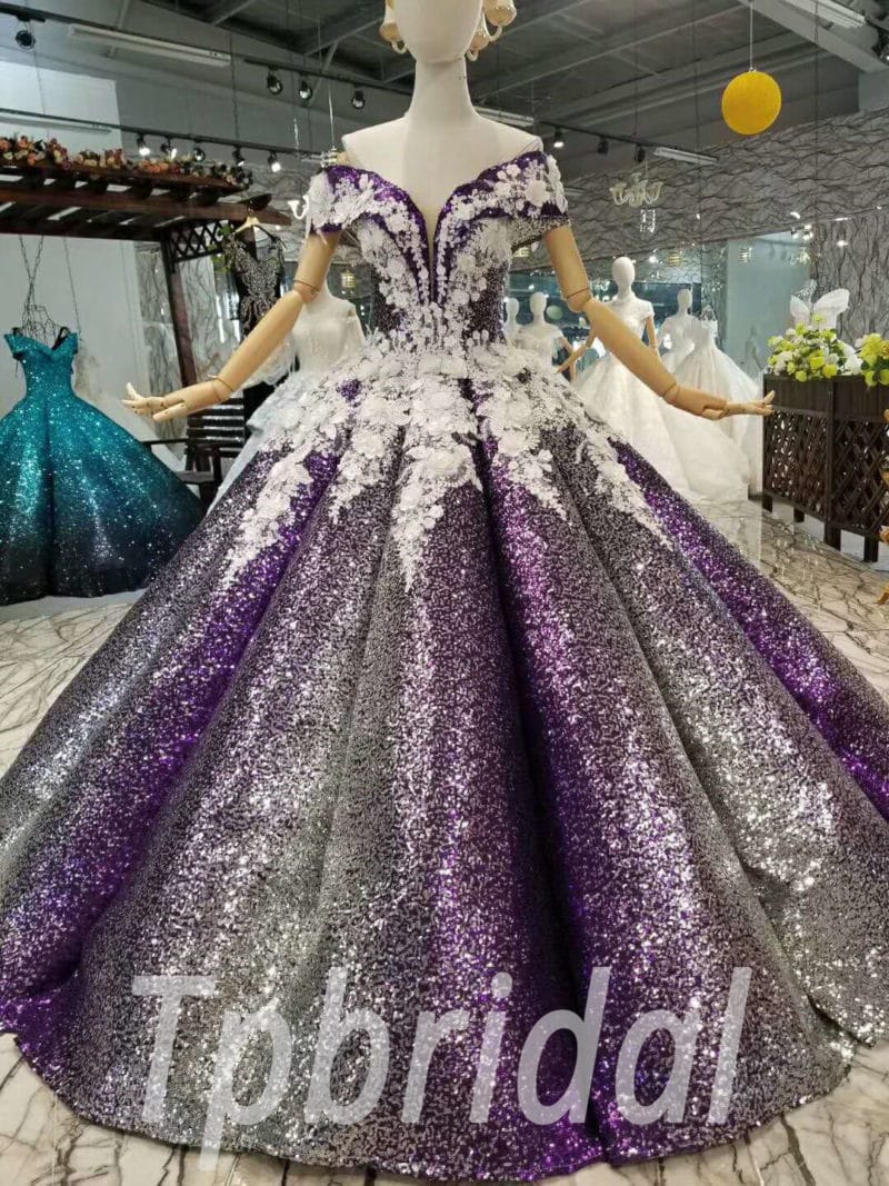 Sage Long Sleeve Ball Gown Dress With Purple Flowers – Lisposa