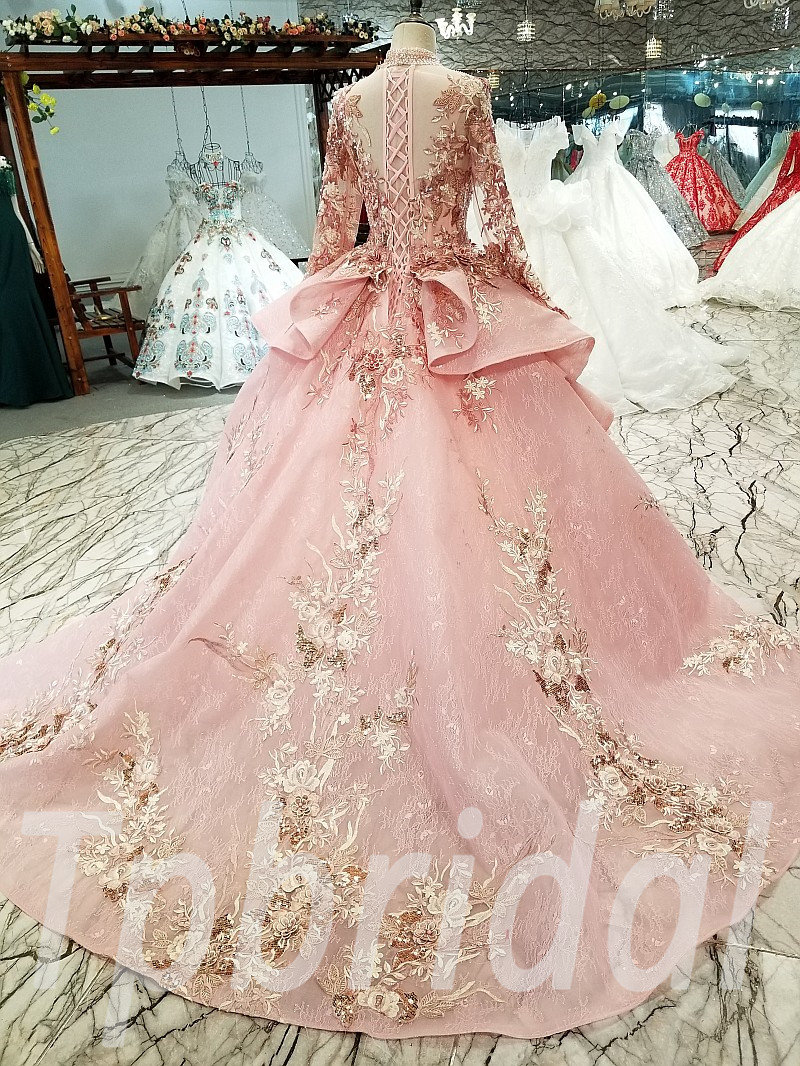 Ball Gowns Pink Wedding Dress A Line Custom Made Long Sleeve