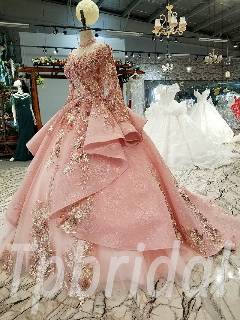 Arabic Flowers Bridal Ball Gowns Pink Lace Wedding Dress Lb20187 - China  Wedding Dress and Bridal Dress price | Made-in-China.com
