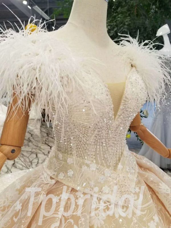 Feather Wedding Dress Haute Couture Champagne Long Train