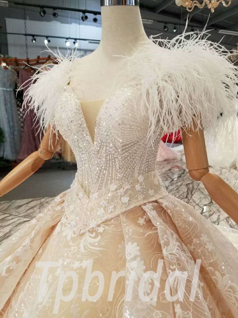 Feather Wedding Dress Haute Couture Champagne Long Train