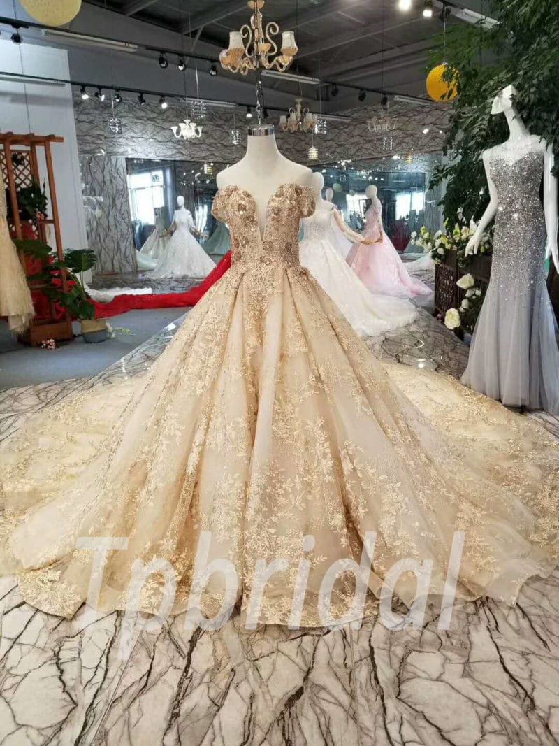 gold lace wedding gown