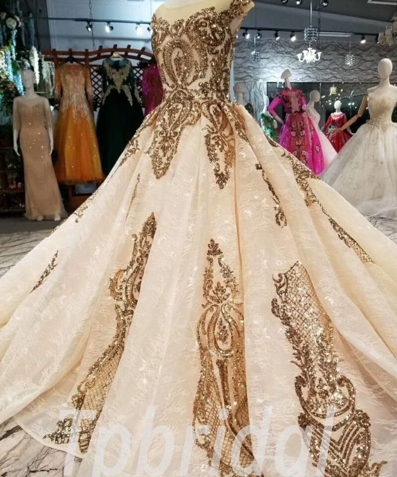 gold wedding dress long train-20340-01