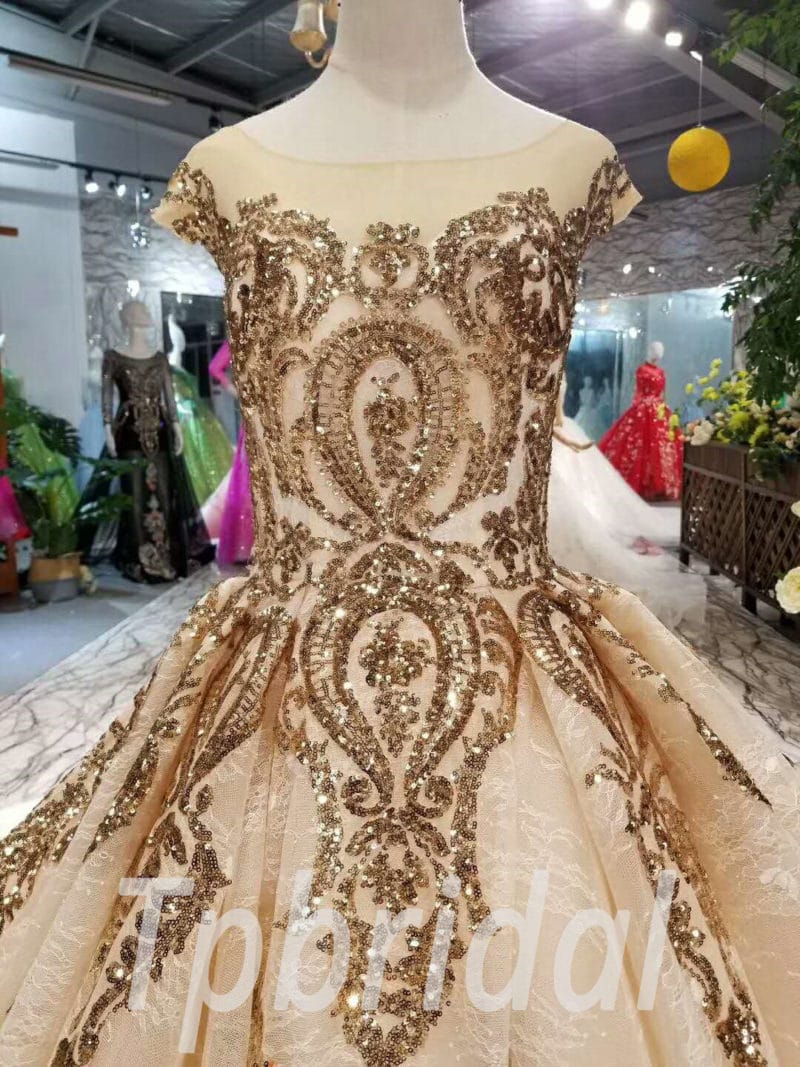 Gold Wedding Dress Long Train Hante Couture Prom Dress Sale