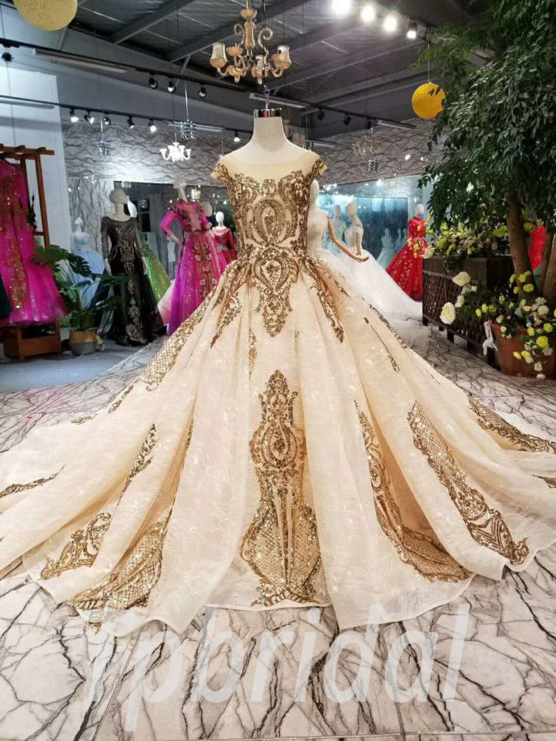 Gold Wedding Dress Long Train Hante Couture Prom Dress Sale