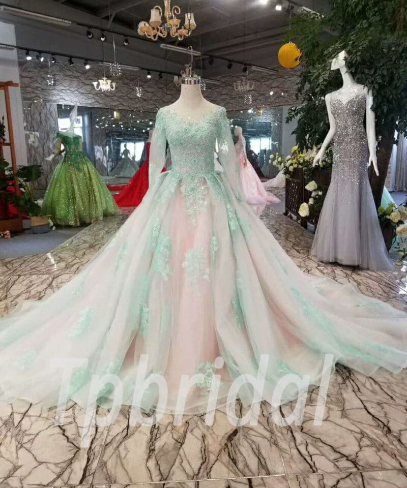 Green Prom Dress A Line Long Sleeve Formal Dress Train