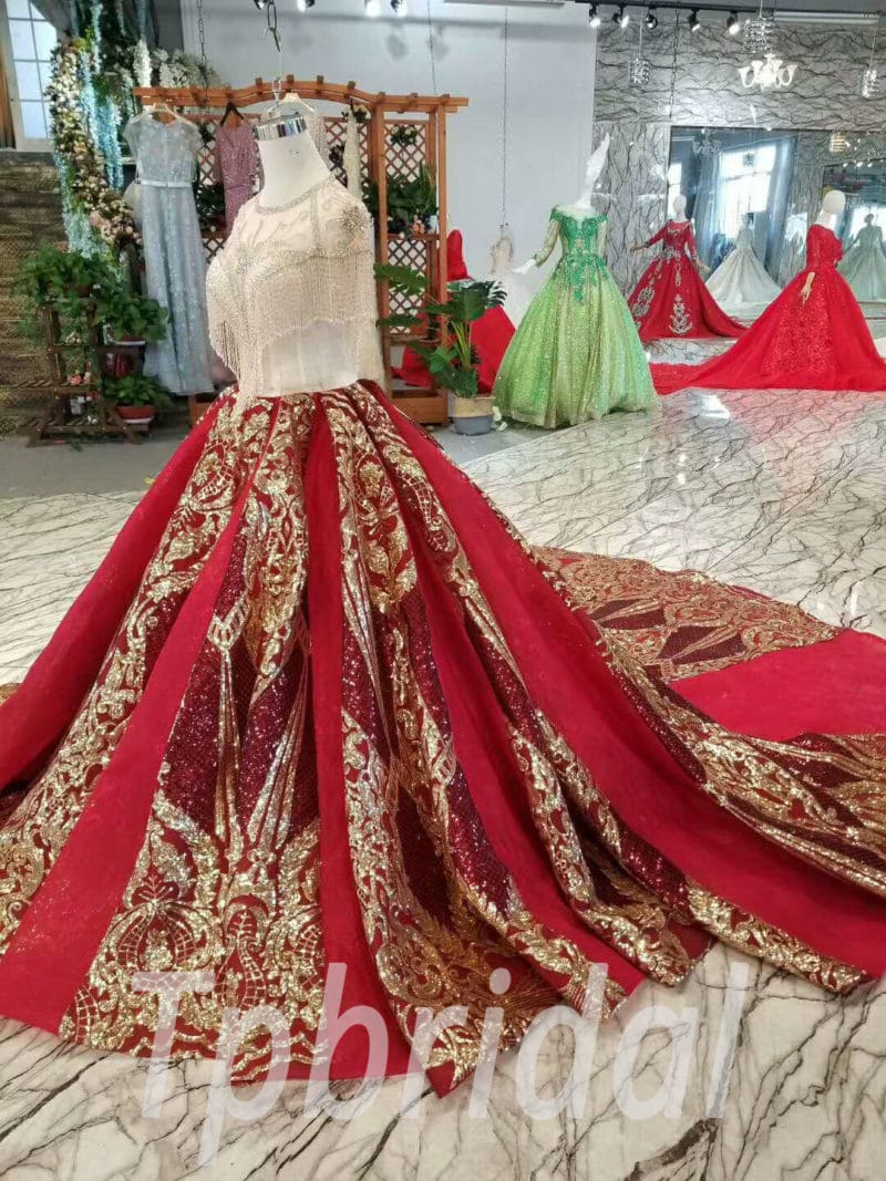 Red And Gold Wedding Dress Tassel Bling Prom Dress Train