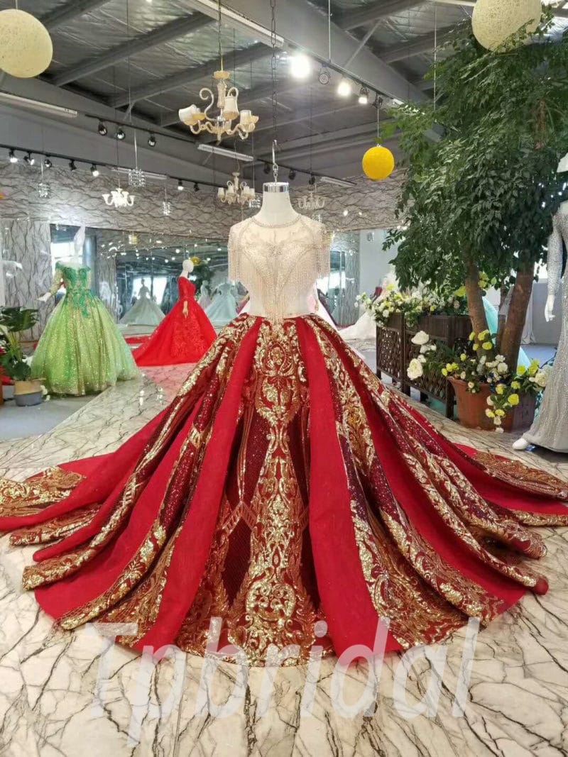 Red And Gold Wedding Dress Tassel Bling Prom Dress Train