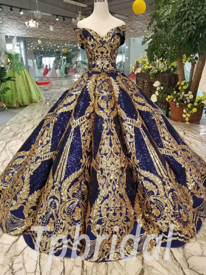 Blue And Gold Prom Dress Ball Gown Quinceanera Dress Sale